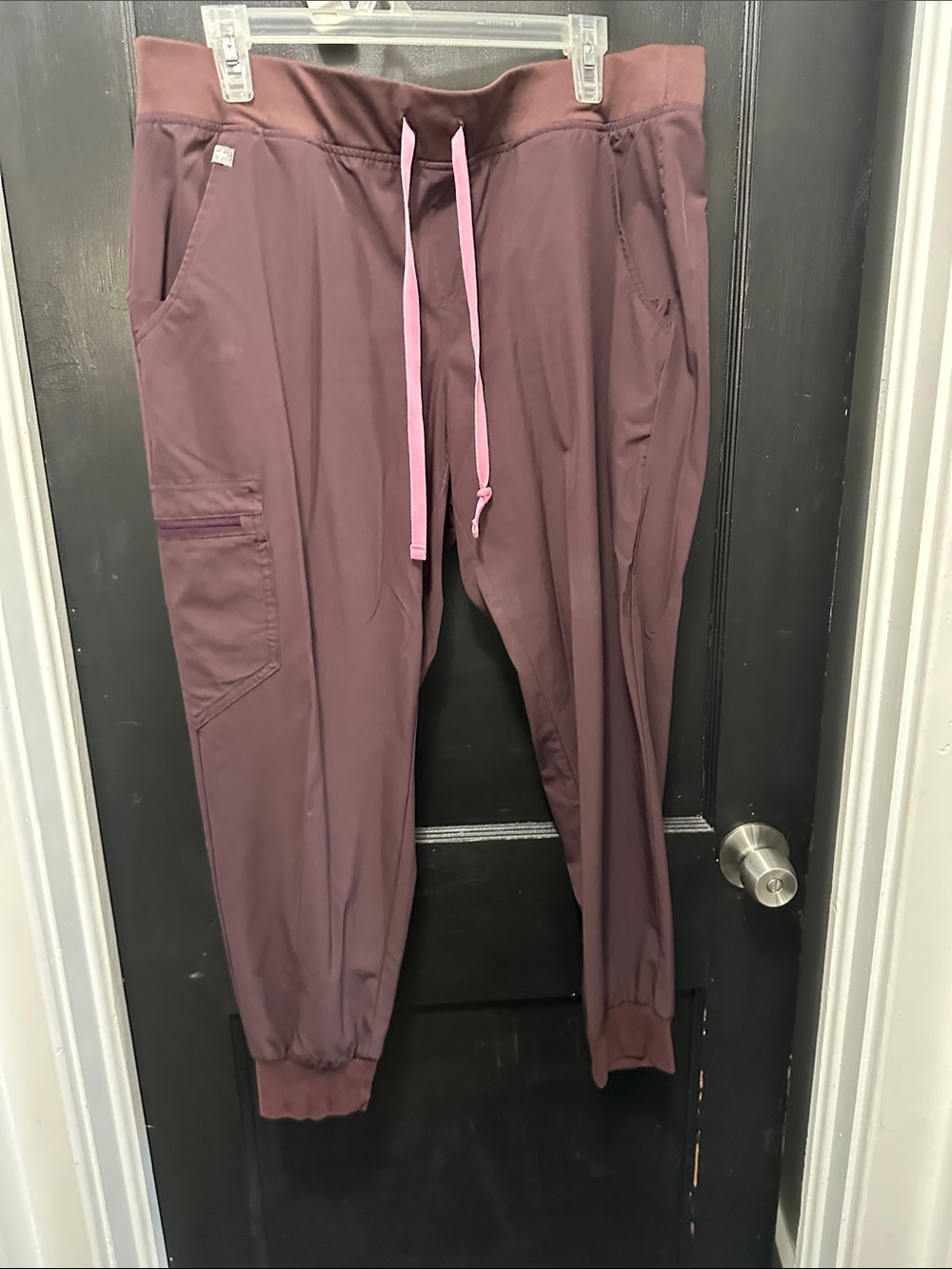 Figs Women's Brown Jogger Scrub Pants with Pink Drawstring